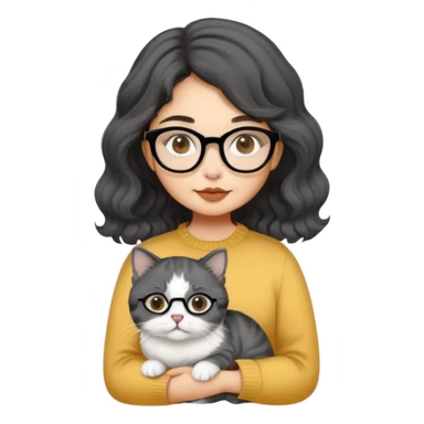 Young woman with oval face and warm yellow-toned skin, black wavy hair, thin-framed glasses, holding a grayish-white Munchkin cat with short legs and charcoal-gray marking under its mouth sticker