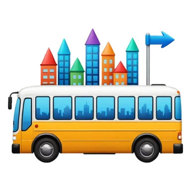 bus from the side with three colorful directional arrows pointing to city icons, Apple emoji style, vibrant colors sticker