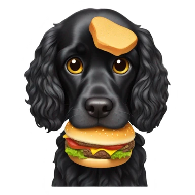 Black cocker spaniel eating a cheeseburger sticker