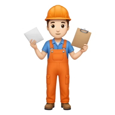 railway engineer full body in orange overalls, carrying a piece of paper with both hands in front of him sticker