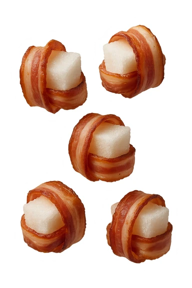 zollette di zucchero fluttuano in aria con pezzi di colon arrotolati intorno ad ogni zolletta, iperrealistico 4k sticker