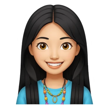 30 yr old asian woman hair trendy clothes center part big eyes big smile tanned skin straight black hair hippie part hair  sticker