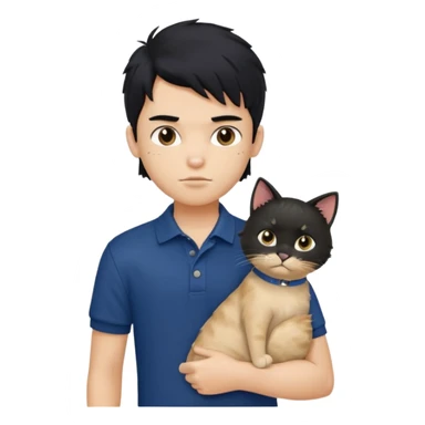 generate a pretty fair bratz boy with a messy mullet (black hair), wearing a dark blue polo.  holding a beige cat sticker