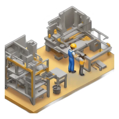 isometric teacher with student woodshop metalshop people teaching tools simple brutalist industrial makerspace concrete close up  sticker