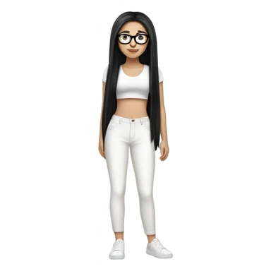 White girl with long straight black hair wearing a white crop top and glasses full body sticker