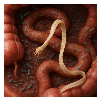 a medical illustration of a human realistic gut with bacteria and parasyte (tenia) realistic 4k real   sticker