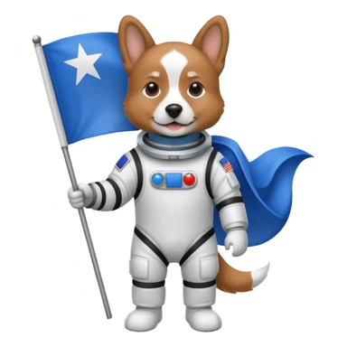 a dog in space suit, holding blue rectangle flag sticker