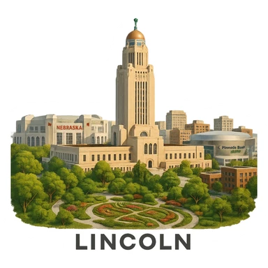 cinematic realistic emoji of Lincoln Nebraska, wide city view with iconic landmarks including Nebraska State Capitol, Memorial Stadium, Pinnacle Bank Arena, Sunken Gardens, lifelike detail, accurate colors, bright daytime lighting, no sky, no clouds, fully transparent background sticker