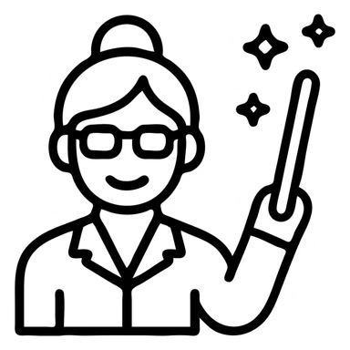 teacher with a bun hairstyle, waving a magic stick, icon style, professional and approachable sticker