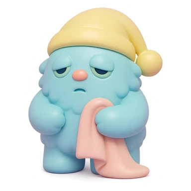 fluffy monster wearing a nightcap, holding a blanket, eyes drooping, soft lighting, vinyl figure style sticker