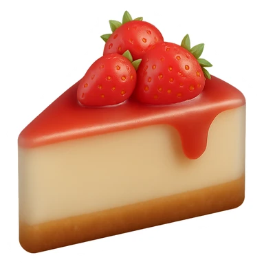 3D matte cheesecake slice, golden graham crust, creamy filling, topped with strawberry sauce and fresh strawberries, soft matte finish sticker
