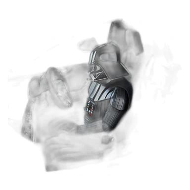 Darth Vader at the wheel of an open top all black Tesla Model 3, grey interior, view form outside sticker