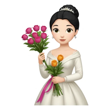 Chica blanca,cuerpo entero, vestido boda ,manga larga ,con estola, pelo negro,    ramo de flores una mano, pelo recogido en moño alto sticker