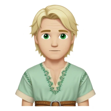 Medieval summer outfit worn by a DnD themed fantasy male character. Light cotton tunic in natural cream color with short sleeves, embroidered with simple floral patterns at the hem, paired with a thin leather belt. Clothes only above the waist, full waist coverage. The character has no arms. Character is white-skinned with sun-bleached blonde hair in shoulder-length layers, partially tied back with a leather cord, sea-green eyes, and defined cheekbones. sticker