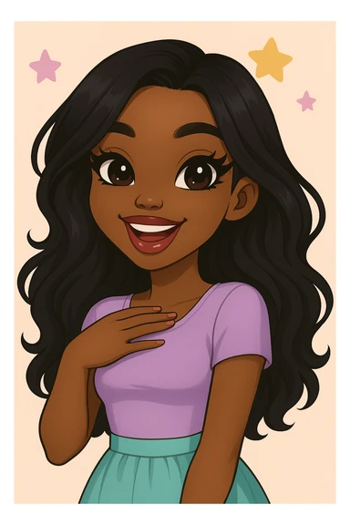Change her expression to happy, keep her as a 20-year-old anime Bratz style woman with dark skin, dark hair, cute pastel Y2K look, big expressive eyes, and glossy lips. No tears. Maintain the anime Bratz style look. sticker
