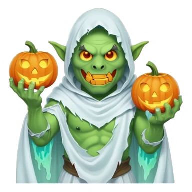 male orc ghost emoji, green skin, tusks, wearing torn white ghost sheet costume, holding glowing jack-o'-lantern, faint blue aura, friendly but spooky expression, Halloween fantasy theme, Apple emoji style, clean white background, square sticker