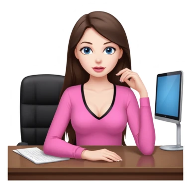 sexy woman brunette, very large breasts, pale skin, blue eyes, long brown hair, tight pink low cut  blouse, big pink lips, short black skirt. at desk sticker