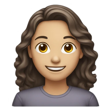 smiling woman with wavy long dark brown hair, typing on a silver laptop sticker