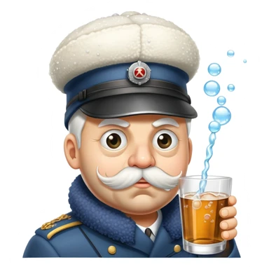 A very drunk locomotive train wearing a tilted ushanka hat, with crossed eyes, hiccuping vodka bubbles, spilling drink sticker