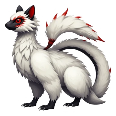a white exotic edgy vernid-fionbr-Fakémon-creature, with black belly and red eyes, full body sticker
