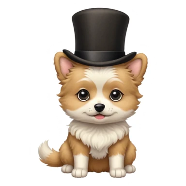 cute small dog with plain light tan fur, black nose, black round eyes, curly fluffy medium length hair, wearing a top hat sticker