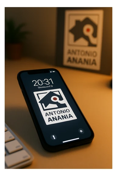 A photo of an iPhone with the message "Antonio Anania" on its screen, The phone sits atop a desk with a blurred background that suggests work environment. A faint glow from above casts gentle shadows across the surface of each object, creating depth and highlighting their textures sticker