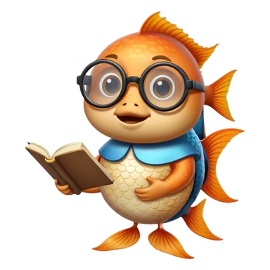 a fish with round glasses stands upright and holds a book in its fin sticker