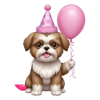 cute shih tzu hold a few pink balloons  in both arms with pink birthday hat sticker