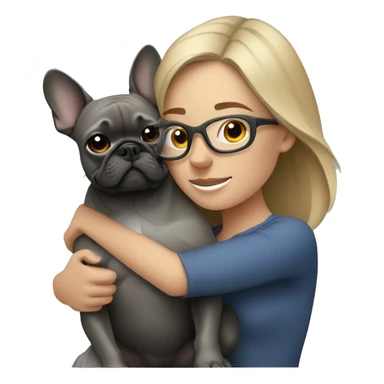 dark blonde woman with gray glasses hugging dark gray french bulldog sticker