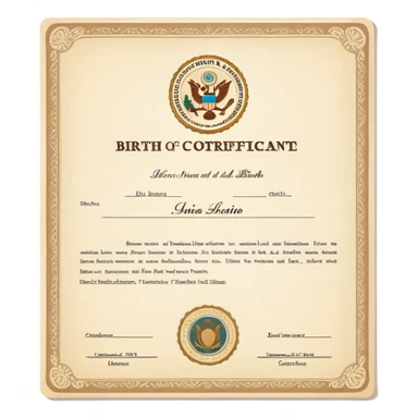 Birth certificate document with name, date of birth, and official seal sticker