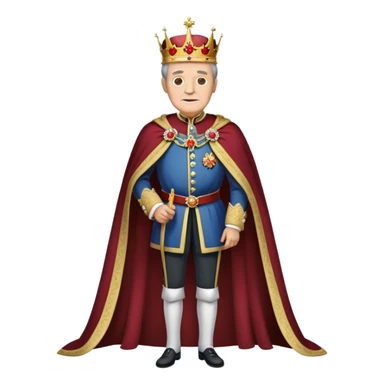 Full body of elderly, thin Carlos I of Spain with brown hair, Habsburg king standing in royal attire with crown, cape, and prominent jaw sticker