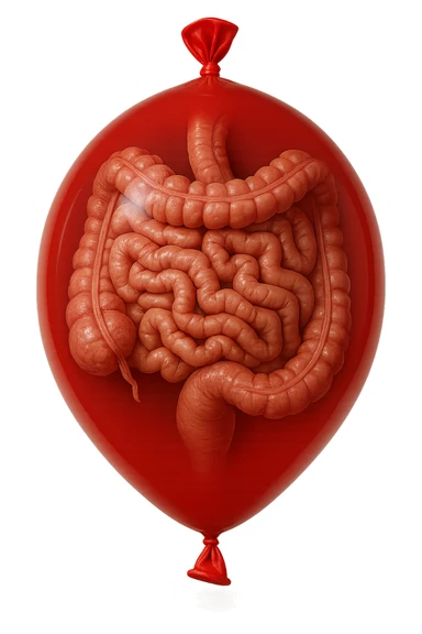 intestino umano anatomico chiuso in un palloncino rosso, iperrealistico 4k sticker