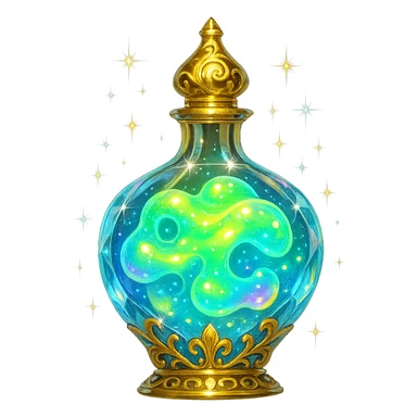 premium class crystal elixir bottle like liquid glowing slime, bright colors, lots of shine, edges, ornaments, golden details, magical effects, very small golden neck, transparent background, beautiful seamless bottom, bottle clearly floating in air, no base or shadow, very luxurious, playful, matching collection sticker