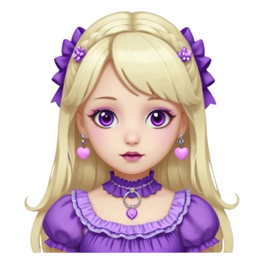 Ai pale girl , who has straight long length blonde and purple swirled hair , hazel eyes , and doll like makeup , with a septum piercing, nostril piercing, in a purple lolita hime gyaru dress emoji sticker