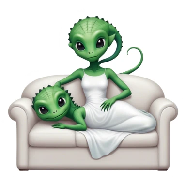 a reptilian alien woman, in white dress, lie on couch comfy, full figure sticker