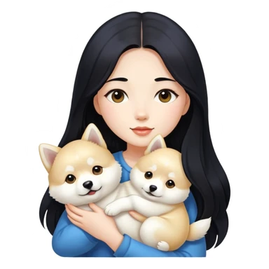 A beautiful girl with long black hair is holding a long-haired white Shiba Inu puppy sticker