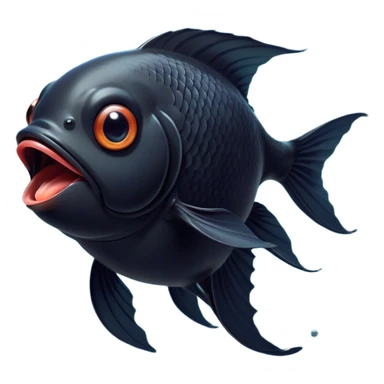 Cinematic Cute Yawning Black Goldfish Portrait Emoji, Head tilted slightly with a dramatic, wide-open yawn, showcasing a smooth, deep black body with elegant, flowing fins, eyes barely open in drowsy contentment, Simplified yet irresistibly adorable features, highly detailed, glowing with a soft, cozy glow, high shine, relaxed yet expressive, stylized with a touch of whimsy, bright and endearing, soft glowing outline, capturing the essence of a sleepy yet affectionate goldfish, so drowsy it feels like it could float out of the screen and curl up for a nap! sticker