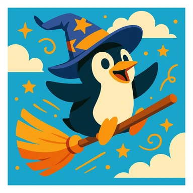 a cartoon penguin wizard flying on a broomstick, with a wizard hat flapping in the wind, playful and magical sticker