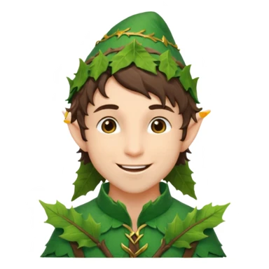 handsome elf with messy brunette hair wearing a leafy outfit and smile confidently sticker