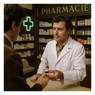 Realistic image of a pharmacist in France in 1980 delivering a vial of Trenbolone to a customer. The scene includes 1980s clothing and pharmacy interior decor with historical details. The perspective is a different angle, either a side view or a top-down view, capturing the pharmacy environment authentically. sticker