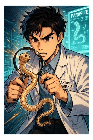 A dynamic manga/webtoon-style illustration of a young male kinesiologist wearing a clean white lab coat, analyzing light beige worms like a tapeworm under a magnifying glass. His expression is focused and slightly intrigued, with sharp, detailed eyes. The art style is vibrant, with bold linework, rich colors, and dramatic lighting. The background is a futuristic laboratory with glowing holographic screens displaying parasite data. The tapeworm is intricately drawn, slimy and segmented, with a slightly exaggerated yet realistic texture. The composition is dynamic, with motion lines or energy effects to emphasize his scientific investigation. The atmosphere is intense but not dark, keeping a balance between scientific seriousness and stylish manga aesthetics, he has "ANTONIO ANANIA" WRITTEN ON WHITE LAB COAT sticker