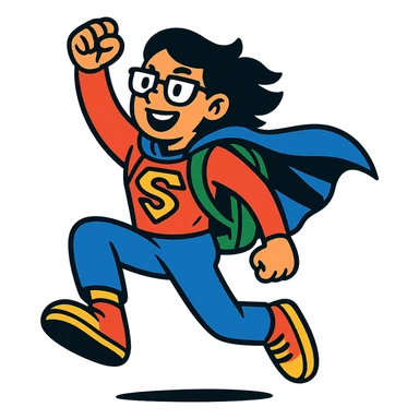 student in superhero costume, dynamic pose sticker