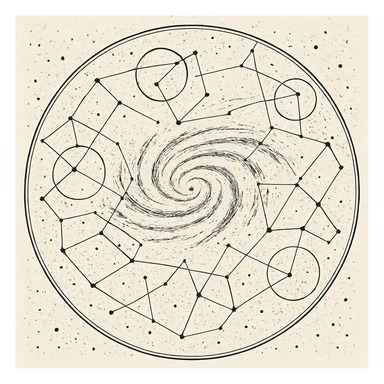 a design for an decorative black and white star map, showing linework of galactic spheres and a constellated ley lines. matrix map. black linework. neat and minimal design, showing expanse and hazards deep into space beyond the galactic core

 sticker