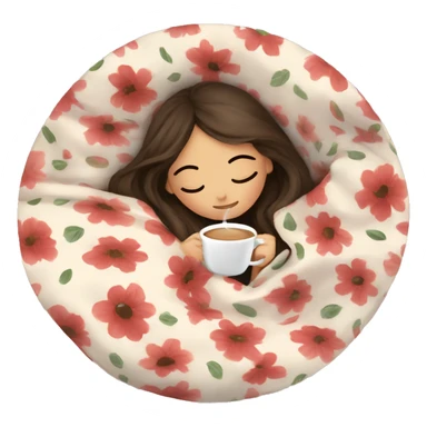 girl brunette inside a blanket sipping coffee eyes closed, floral blanket  sticker