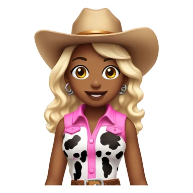 Cute cowgirl with shiny cow print outfit and pink cowgirl boots smiley face earrings and pink cowboy hat  sticker