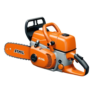 Kettensäge vom STIHL mit grauem Gehäuse, orangenem Deckel und schwarzen Griffen, die Schiene ist Grau, nicht Orange, mit Kette in Grau, seitlich ist das STIHL Logo in weißer Schrift in einem orangenem Kreis platziert sticker
