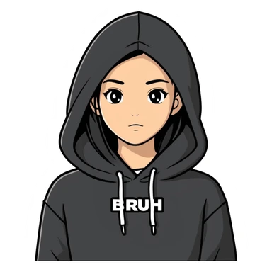 A young lady with straight hair wearing a sweater hoodie that’s black and there’s words on the sweater they say Bruh sticker