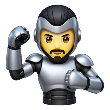 AI robotic fighter emoji, metallic face, punching glove, cyber glow, trimmed beard, medium-length black hair, short sides, hair forward. sticker