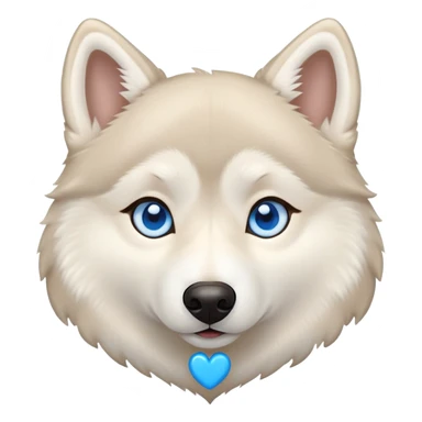 Beige husky with blue eyes and a heart sticker