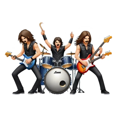 Icon for Heavy Metal Music: 4 men band on stage with electric guitars, drums and intense lighting. 4 Musicians headbanging, surrounded by energy and stage effects, capturing the power and intensity of a metal concert. Transparent background. sticker